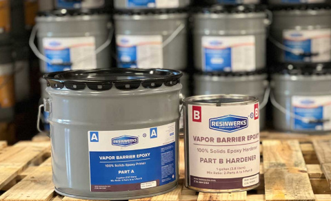 Photo of various resinous floor coating products from Resinwerks